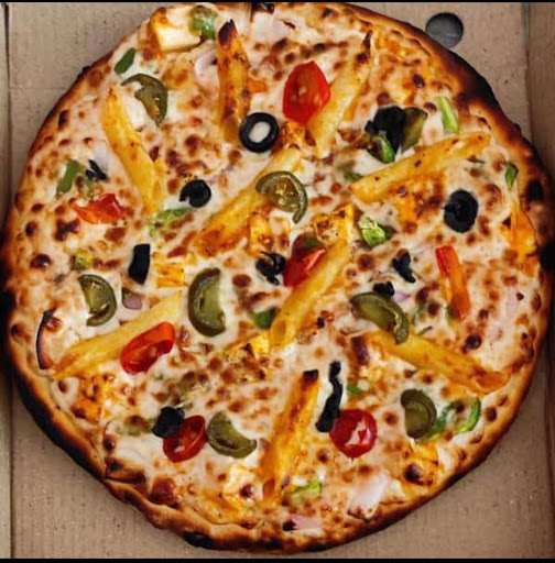 Farmfresh pizza with olives, jalapeno and paprika